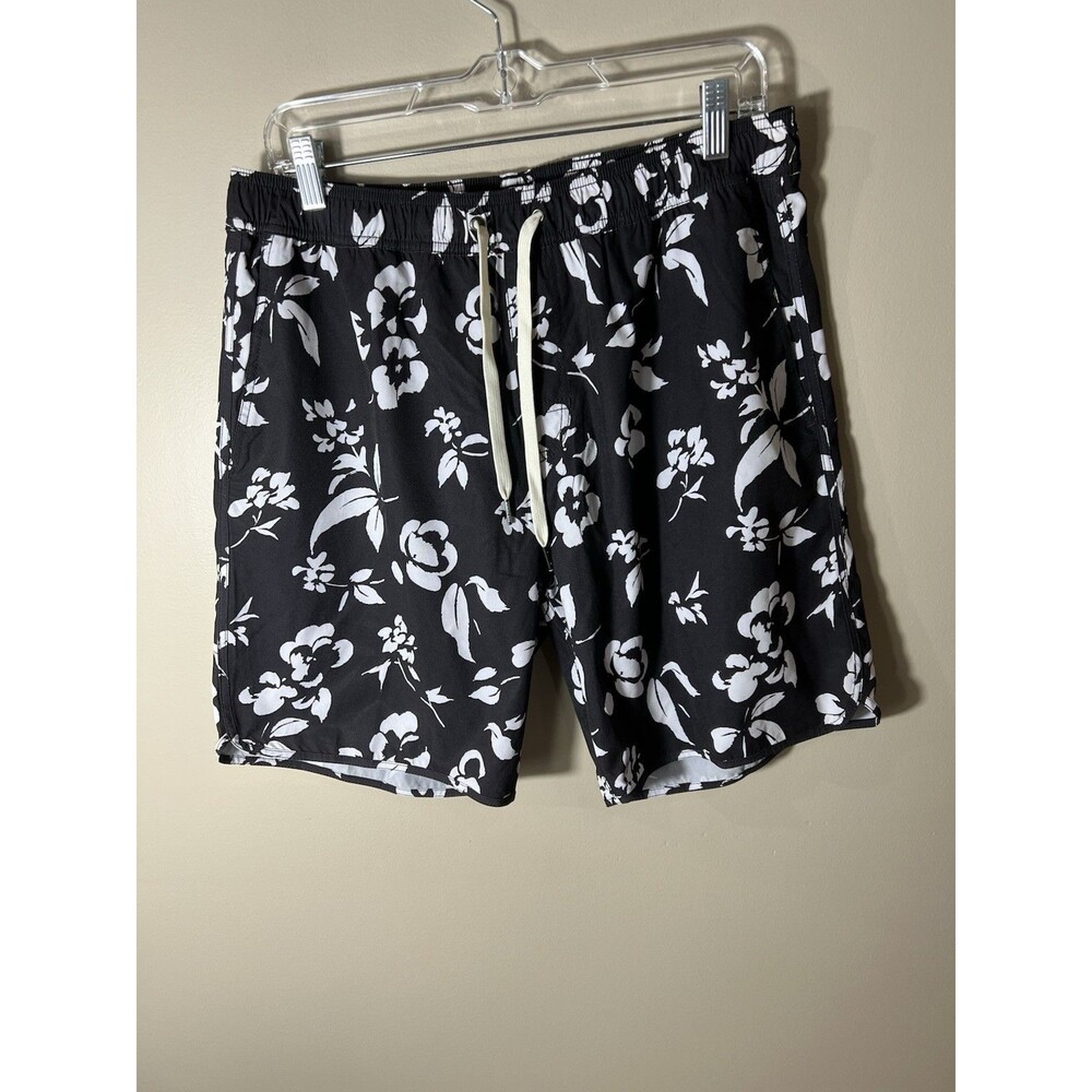 Fair Harbor Men's Black White Floral Swim Shorts Drawstring Pockets Large